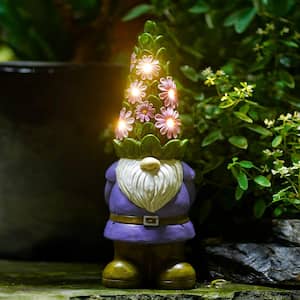 Solar Garden Gnome Statue- Standing Gnome with Glowing Flowers and 5 LED Lights, Summer Dwarf Garden Decorations