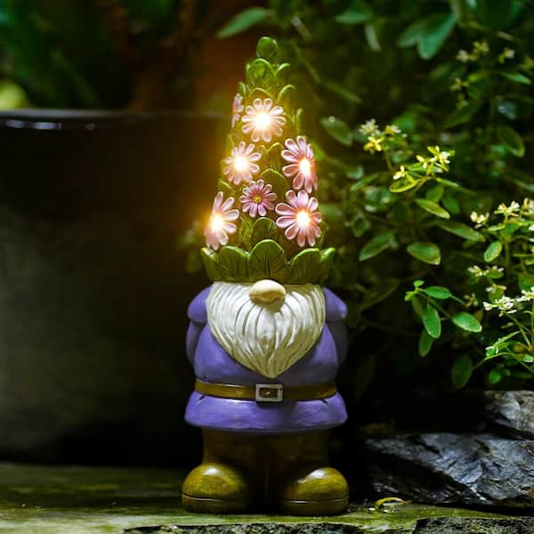 Goodeco Solar Garden Gnome Statue- Standing Gnome with Glowing Flowers and  5 LED Lights, Summer Dwarf Garden Decorations LD602234 - The Home Depot