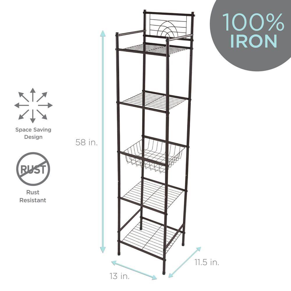 Bronze 5-Tier Freestanding Bathroom Storage Shelf with Basket