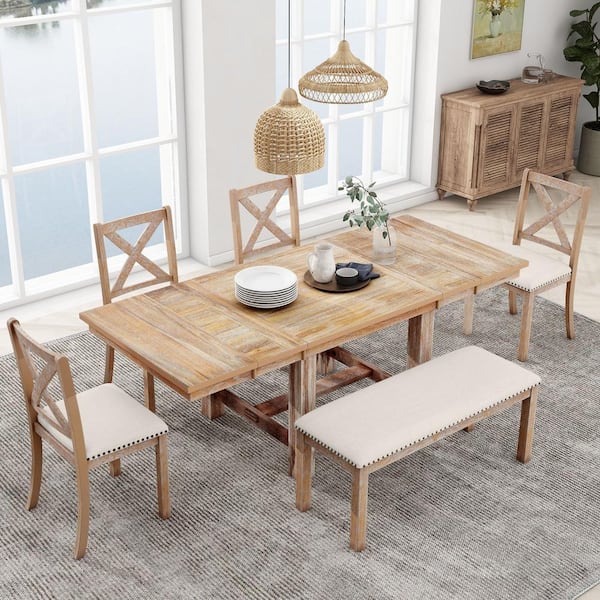 Harper & Bright Designs Brown 6-Piece Extendable Dining Table with Footrest, 4 Linen Upholstered Chairs and One Bench, Two 11" Removable Leaves
