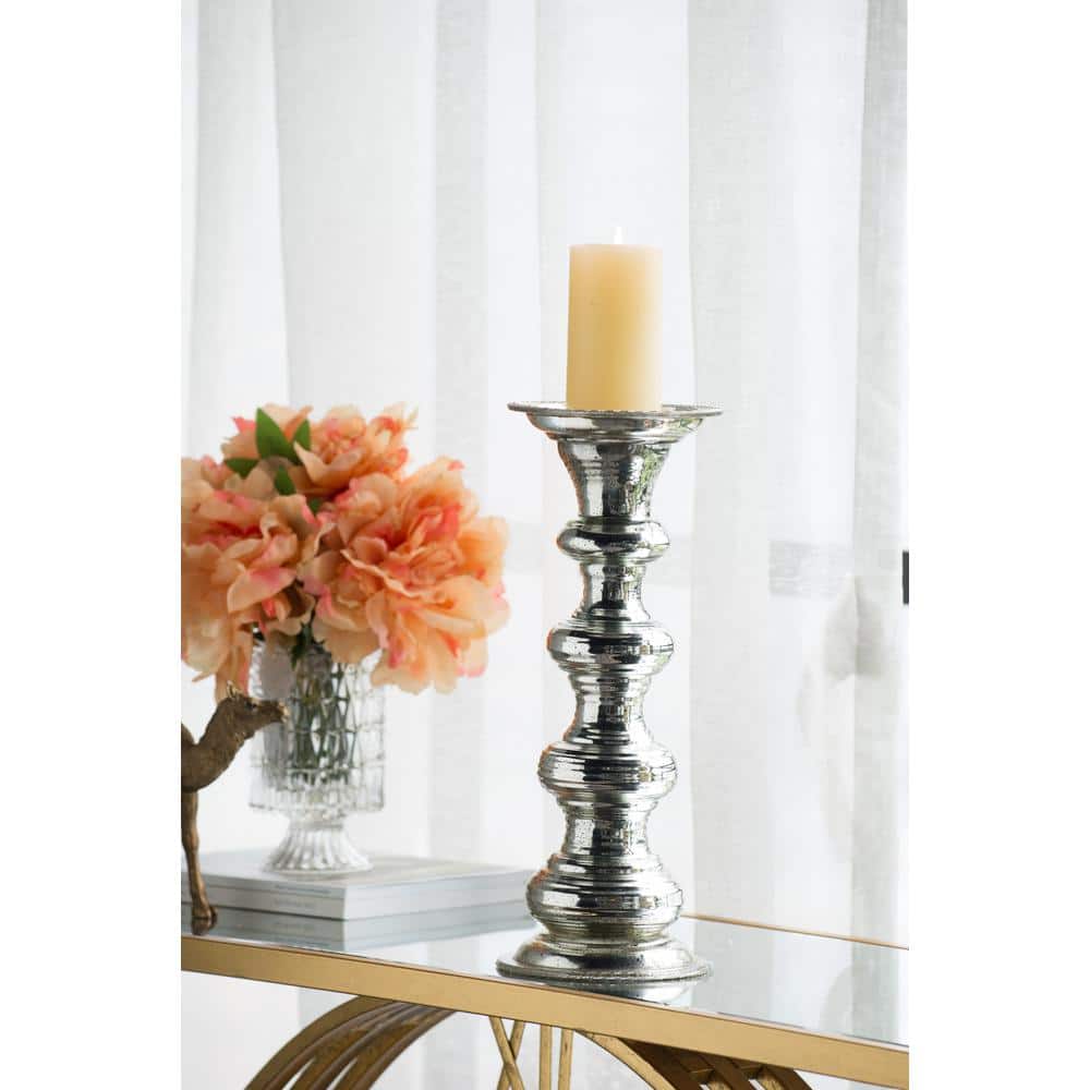 A & B Home 14.8 in. H Silver Glass Pillar Candle Holder 77255 
