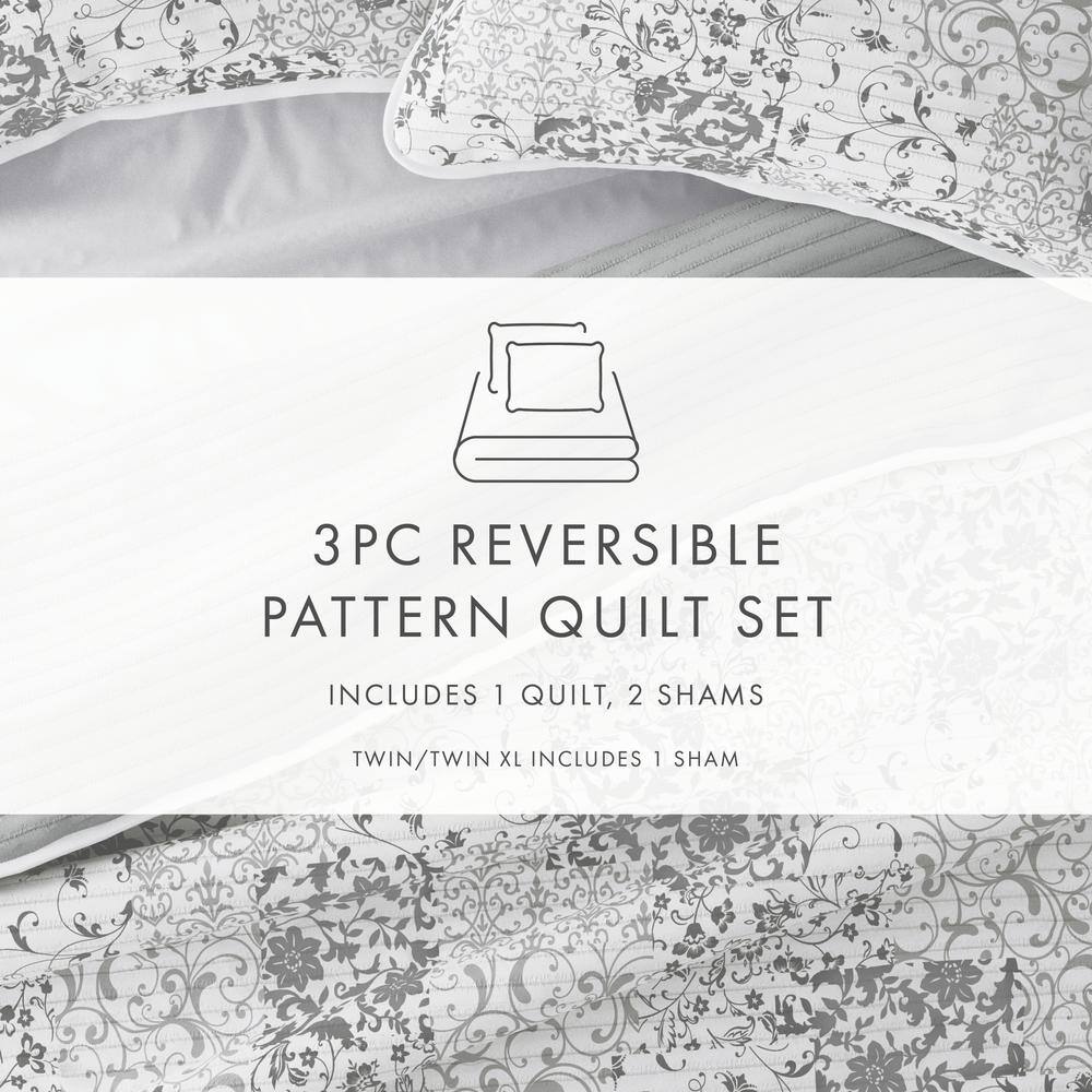 Light Gray Twin Reversible Microfiber Quilt Set with Shams