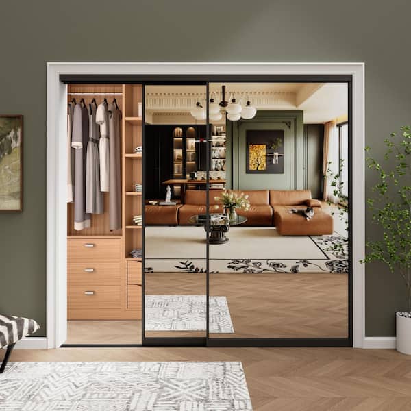 72 in. x 80 in. 1-Lite Black Mirrored Glass and Aluminum Frame Finished Closet Sliding Door with Hardware Kit