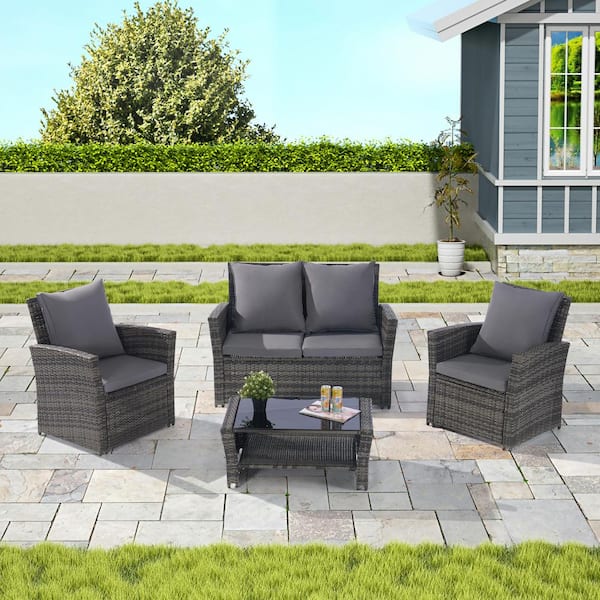 Unbranded 4-Piece Rattan Wicker Outdoor Sectional Set with Tempered Glass Coffee Table and Dark Grey Cushions