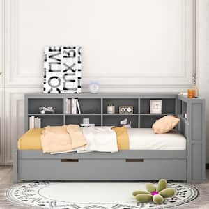 Gray Twin Size Wood Daybed with Twin Size Trundle, Storage Shelf and USB Charging Ports