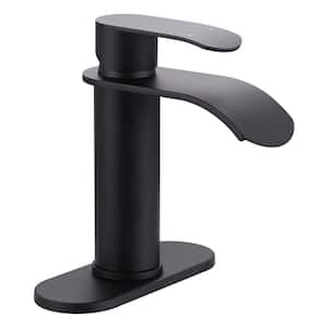 Waterfall Single Handle Single Hole Bathroom Faucet with Deckplate Included Supply Lines in Matte Black