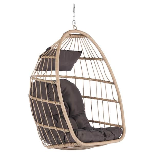 PARASOLAR 28.5 in. W 1-Person Brown Wicker Porch Swing with Dark Gray Cushions and Foldable Function, Egg Swing Chair