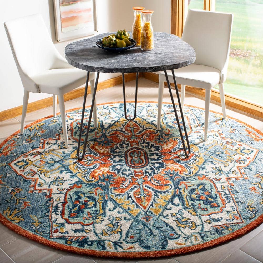 Blue and Rust Round Tufted Wool Floral Rug