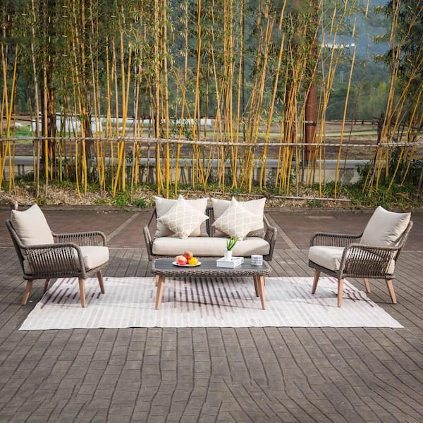 Boosicavelly Khaki 4-Piece Metal Outdoor Sectional Set with Cushion and Coffee Table
