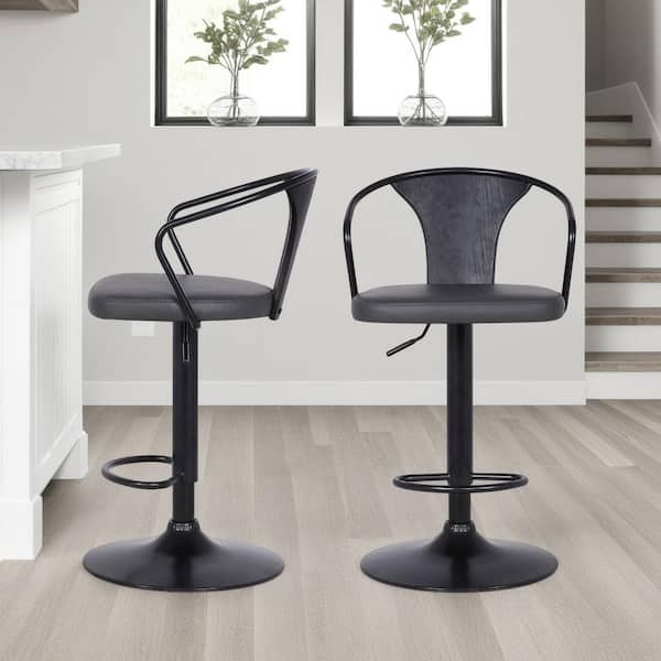 Armen Living Eagle Black Brushed Grey Faux Leather Contemporary Adjustable Bar Stool with Wood Back