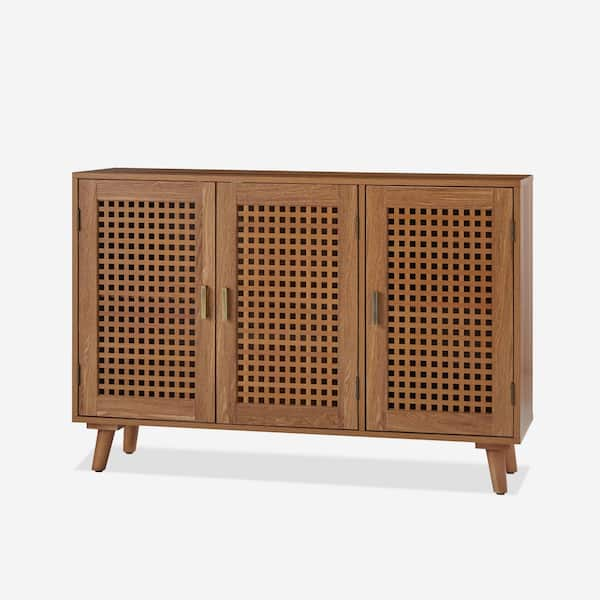 JAYDEN CREATION Eric Walnut 3-Door Accent Cabinet with Beech Wood Lattice Doors