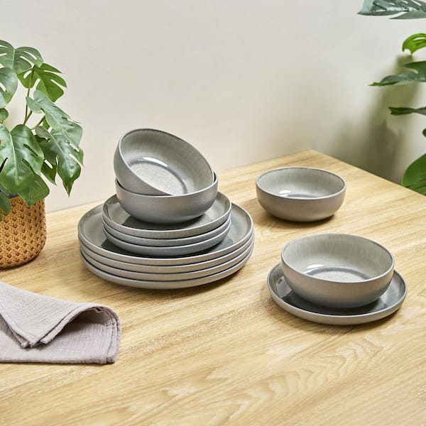 Sango Asher Gray 12-Piece Stoneware Dinnerware Set, Round