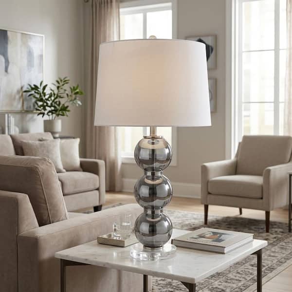 28 in. Gray Glass Orbs Table Lamp with White Linen Shade