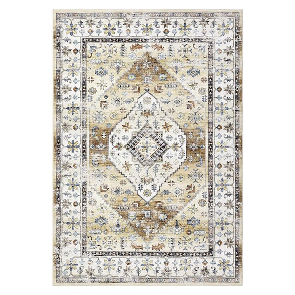 Garvee Retro Carpet Yellow 10 ft.x13 ft. Machine Washable Printed Time-delay Short Pile Nonslip Rug So Foldable Indoor Area Rug