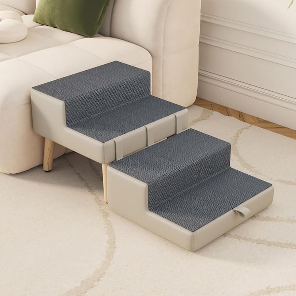 Modern Convertible 4-Step Pet Ramp Stairs Light Gray Faux Leather Upholstered Ottoman