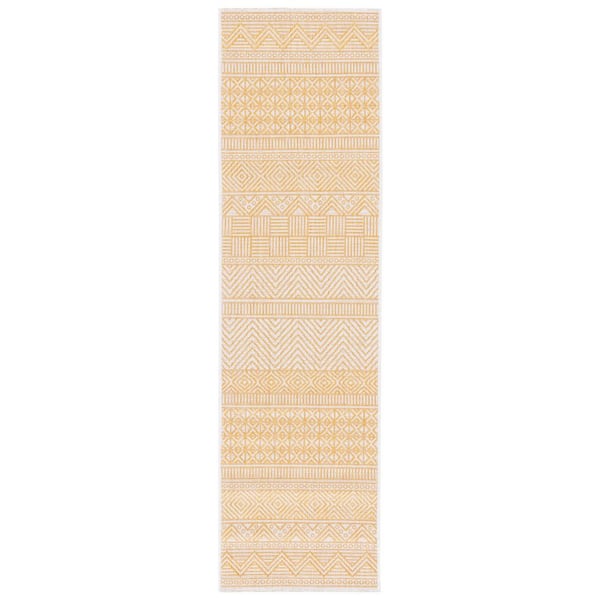 Courtyard Beige/Gold 2 ft. x 8 ft. Striped Tribal Chevron Indoor/Outdoor Runner Rug