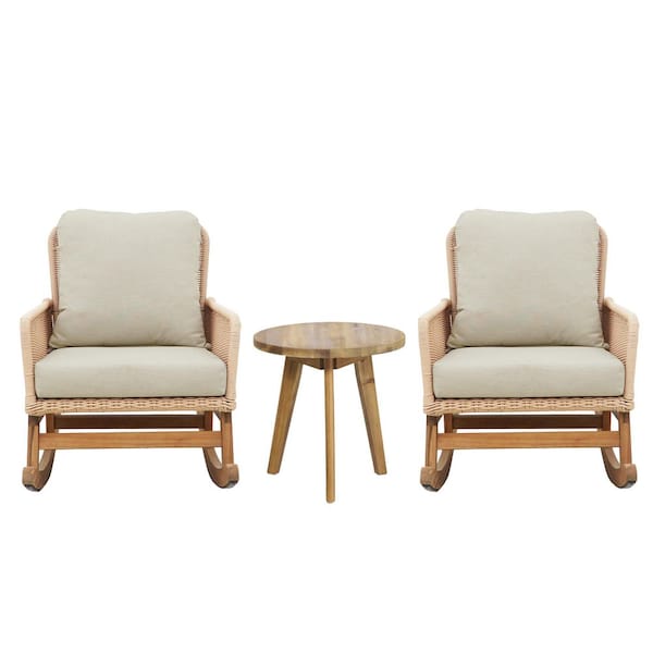Tenleaf 3-Piece Wood Rocking Outdoor Bistro Set with Beige Cushions