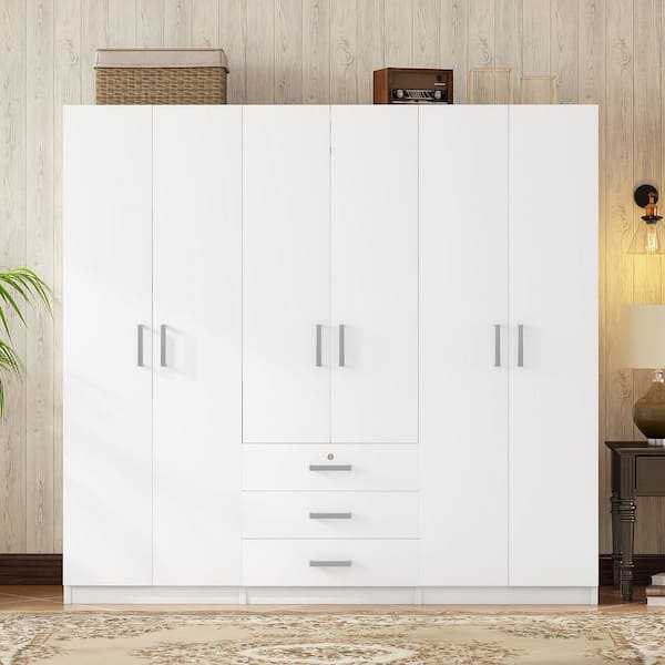 White Plywood 70.9 in. Wardrobe with 6 Doors and Big Drawers