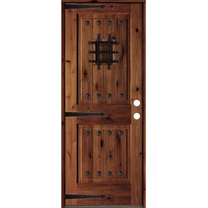 30 in. x 80 in. Mediterranean Knotty Alder Sq. Top Red Chestnut Stain Left-Hand Inswing Wood Single Prehung Front Door