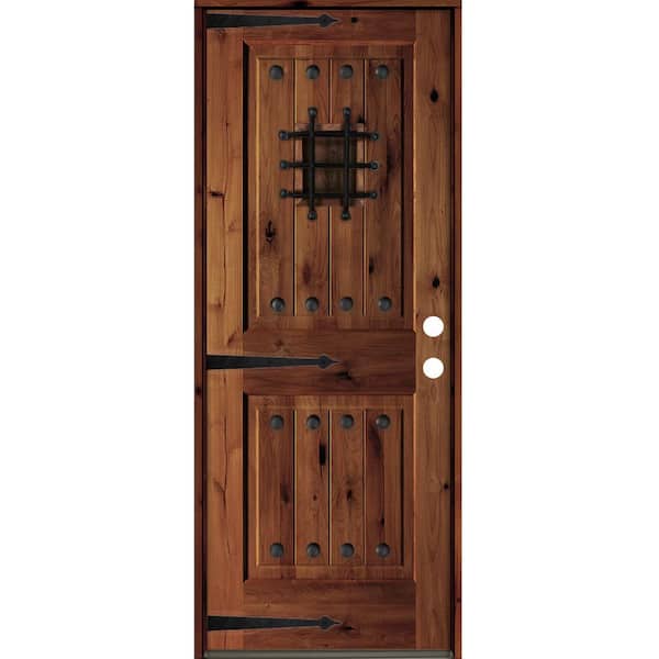 Krosswood Doors 30 in. x 80 in. Mediterranean Knotty Alder Sq. Top Red Chestnut Stain Left-Hand Inswing Wood Single Prehung Front Door