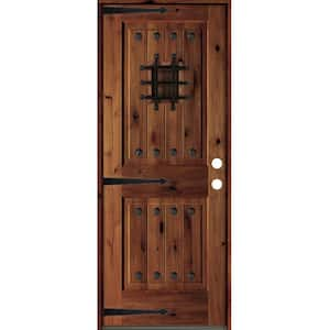 32 in. x 80 in. Mediterranean Knotty Alder Sq. Top Red Chestnut Stain Left-Hand Inswing Wood Single Prehung Front Door