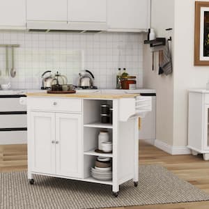 Double Door Kitchen Island White with Lockable Wheels Towel Rack Storage Drawer and 3-Open Shelves