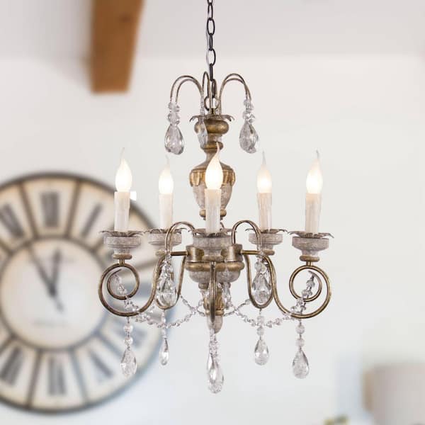 Flint Garden 5-Light Rustic Gold Candle Style Traditional Chandelier Pendant Light with Crystal Accents for Dining Room