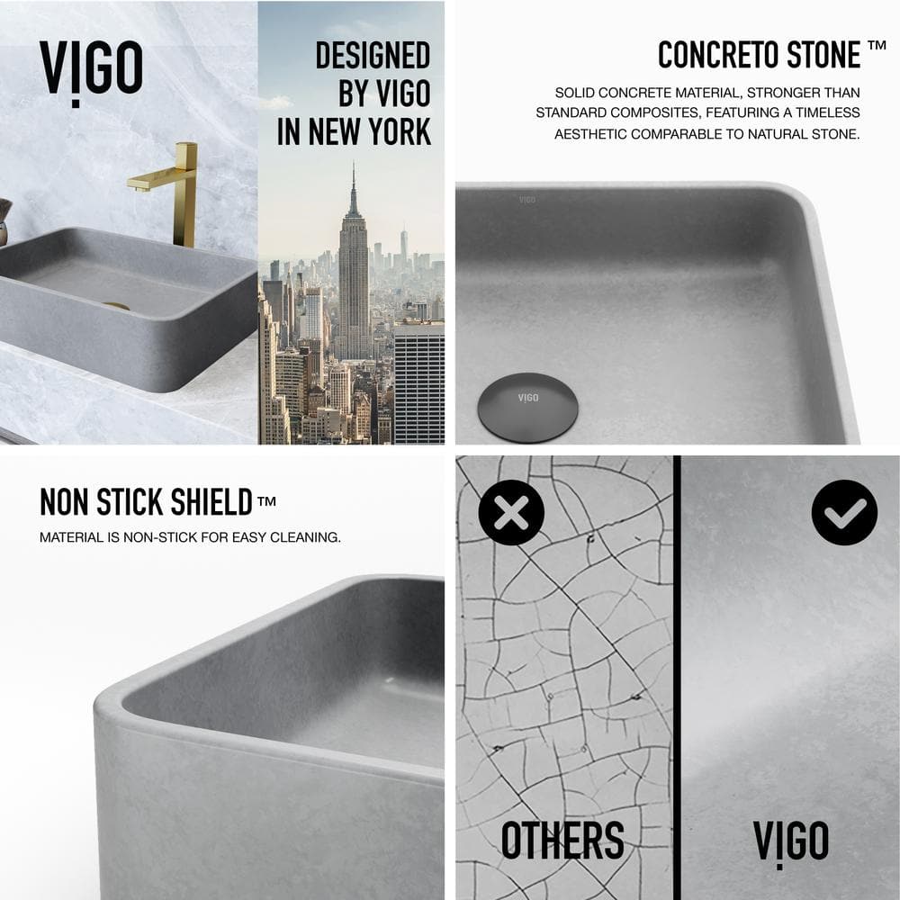 Gray Concrete Rectangular Vessel Bathroom Sink, 16" x 12"