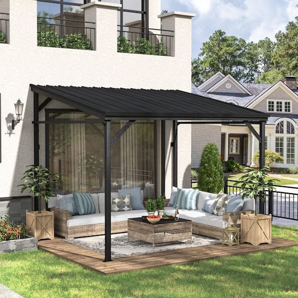 10 ft. x 8 ft. Outdoor Metal Patio Covers with Sloped Roof Wall-Mount Gazebo Pergola
