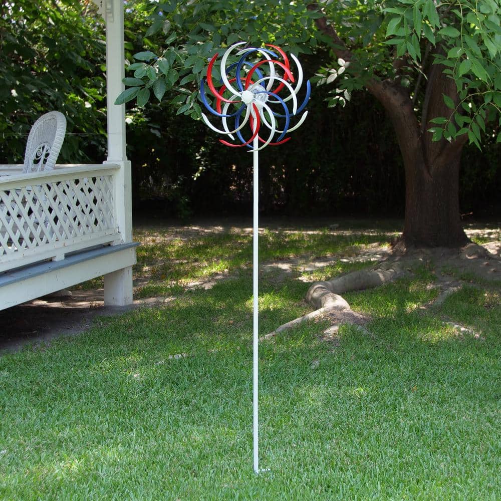 68" Tall Red, White, and Blue Iron Wind Spinner with Solar LED Light