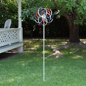 68 in. Tall Outdoor Solar Powered Patriotic Dual Windmill Spinner Stake Yard Decoration, Red, White, and Blue