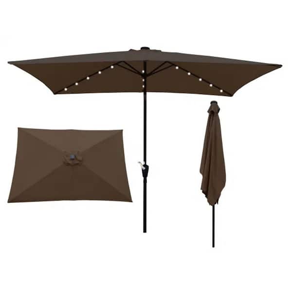 Tenleaf 10 ft. Rectangular Aluminum Solar LED Lighted Waterproof Crank and Push Button Tilt Patio Umbrella in Chocolate Brown