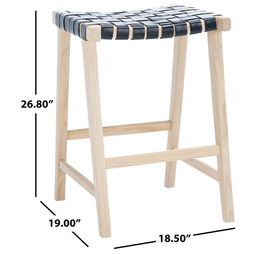 Elegant Airy Charm Black Woven Leather and Natural Wood Counter Stool