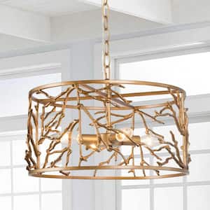 Glam Cage Chandelier in Vintage Brushed Gold Finish Bedroom 4-Light Decorative Hanging Lighting with Sputnik Candlestick