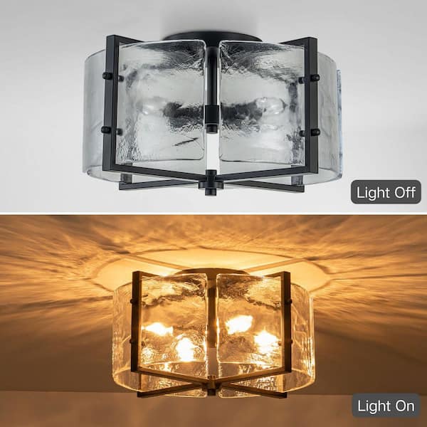 16.73 In. 4-Light Matte Black Modern Ceiling Light Semi-Flush Mount Fixture With Curved Textured Glass Shade