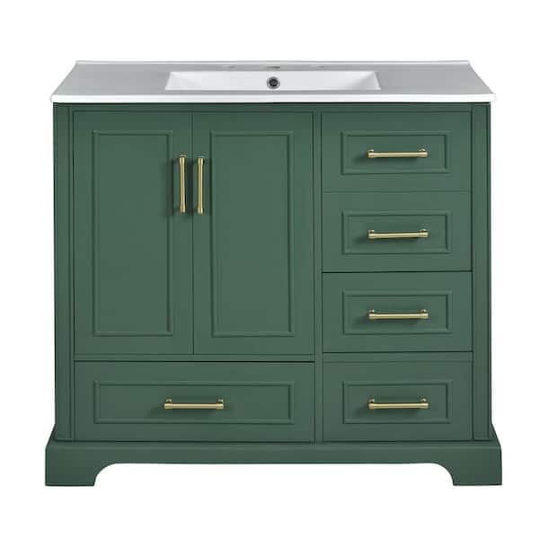 Unbranded 36 in. W x 18 in. D x 34 in. H Freestanding Bath Vanity in Green with White Ceramics Top