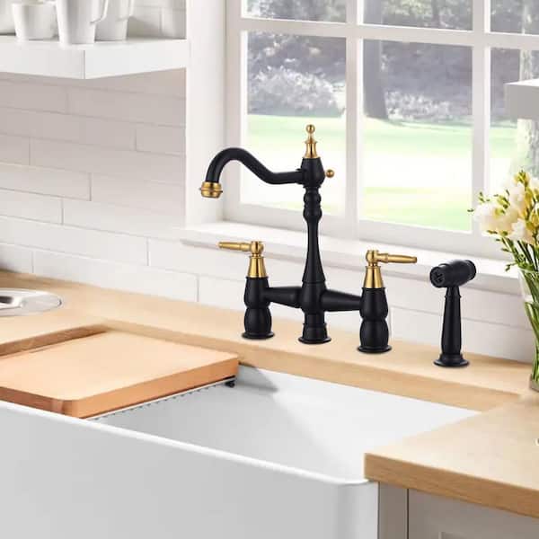 Brass Double Handle Bridge Kitchen Faucet with Side Sprayer in Black and Gold