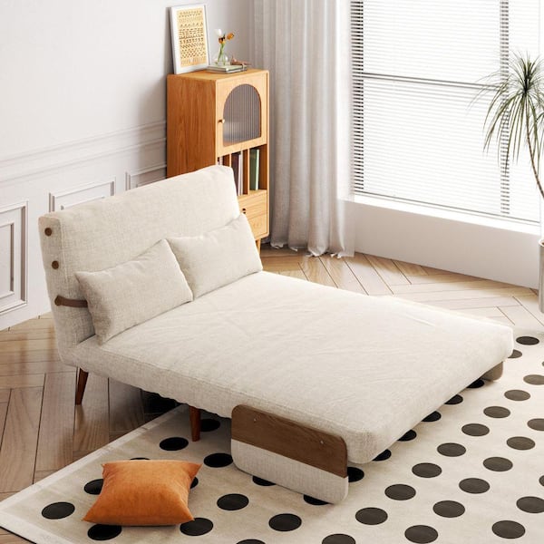JASIWAY 59.06 in. Beige Wood Frame Faux Leather Sofa Bed J-P2209Y