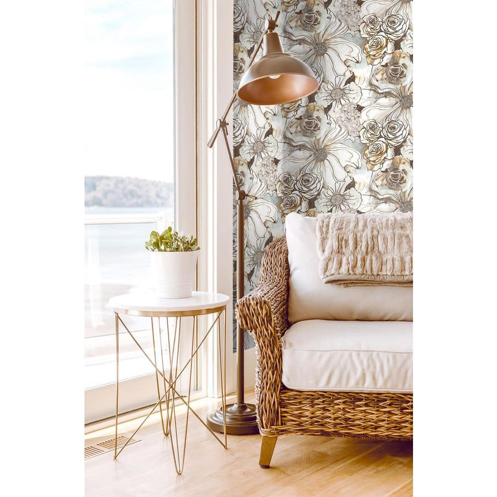 Mocha and Blue Mist Floral Vinyl Peel and Stick Wallpaper