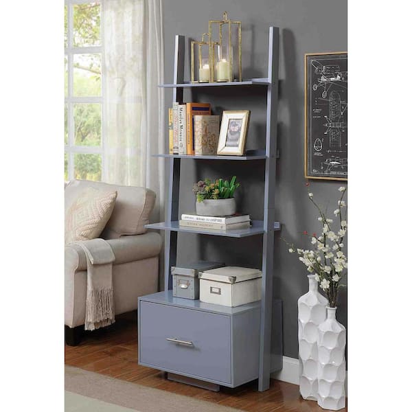 Gray Wood 4 Shelf Ladder Bookcase With, Bookcase With File Cabinet Drawer