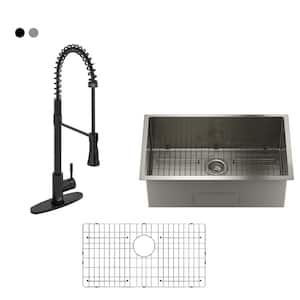 Stainless Steel Sink 30 in. Single Bowl Undermount Kitchen Sink with Matte Black Pull Down Sprayer Kitchen Faucet