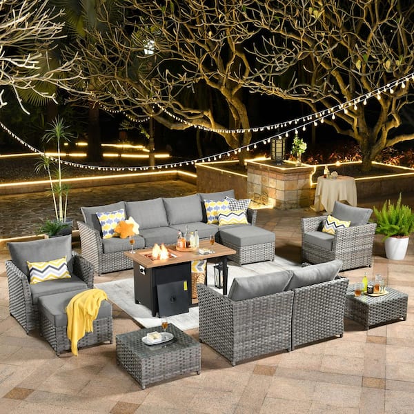 weaxty W XIWD Gray 13-Piece Wicker Outerdoor Patio Storage Fire Pit Sectional Seating Set with Dark Gray Cushions
