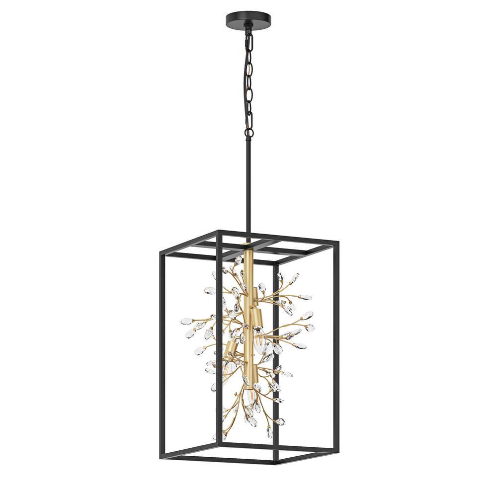Modern 12.99 in. 4-Light Crystal Rectangle Chandeliers Black and Gold Kitch