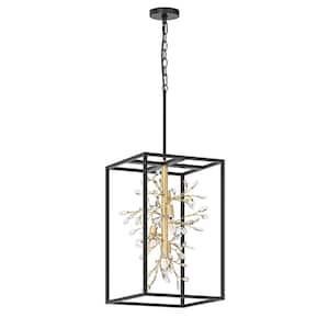 Modern 12.99 in. 4-Light Crystal Rectangle Chandeliers Black and Gold Kitchen Island Hanging Light