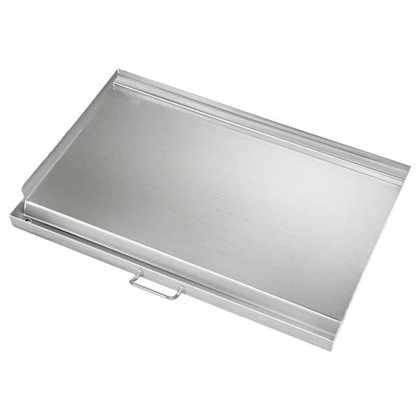 32 in. x 15 in. Stainless Steel Griddle Plate Silver Removable Handles Grease Groove Gas Electric Charcoal Grill