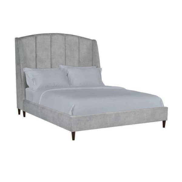 THE URBAN PORT Gray Wooden Frame Upholstered Queen Platform Bed with Arched Wingback Headboard