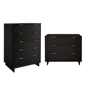 Granville Black 5-Drawer 37.8 in. W Tall Chest and 3-Drawer 37.8 in. W Standard Dresser Set of 2