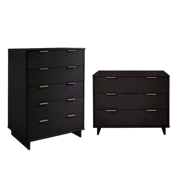 Manhattan Comfort Granville Black 5-Drawer 37.8 in. W Tall Chest and 3-Drawer 37.8 in. W Standard Dresser Set of 2