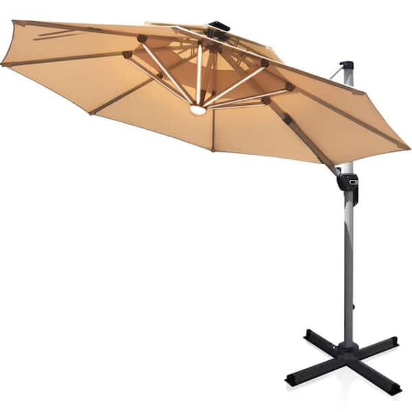 Clihome 10 ft. 360-Degree Rotation Aluminum Solar LED Cantilever Patio Umbrella in Beige without Weight Base