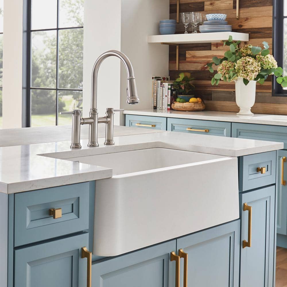 White Stone Double Bowl Farmhouse Kitchen Sink, 33-inch